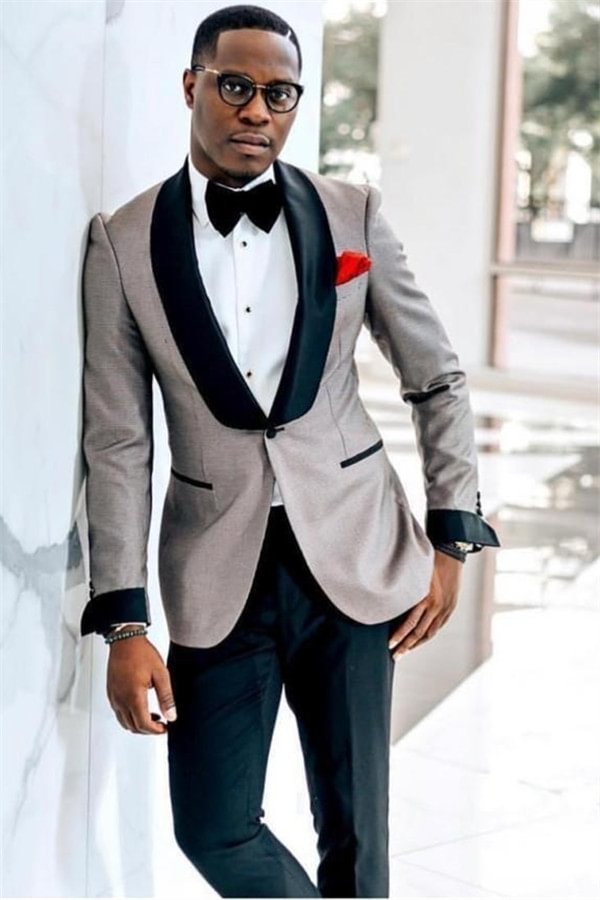 One Button Gray Elegant Wedding Groom Mens Suit with Black Lapel | Ballbellas Ballbellas