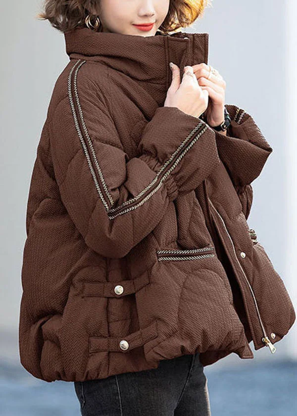 Coffee Oversized Duck Down Down Jacket Stand Collar Zippered Winter