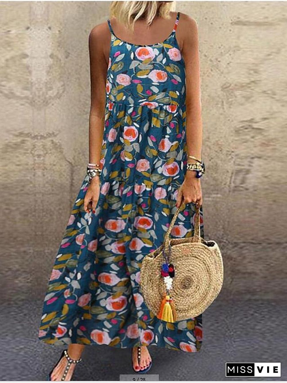 Womens A-Line Dress Maxi Long Sleeveless Print Summer Casual Mumu Blue Yellow Dusty XXL