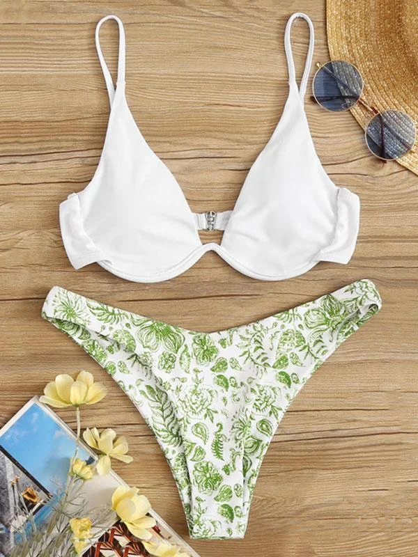 Floral-Print Color-Block Underwired Split Bikini Swimsuit