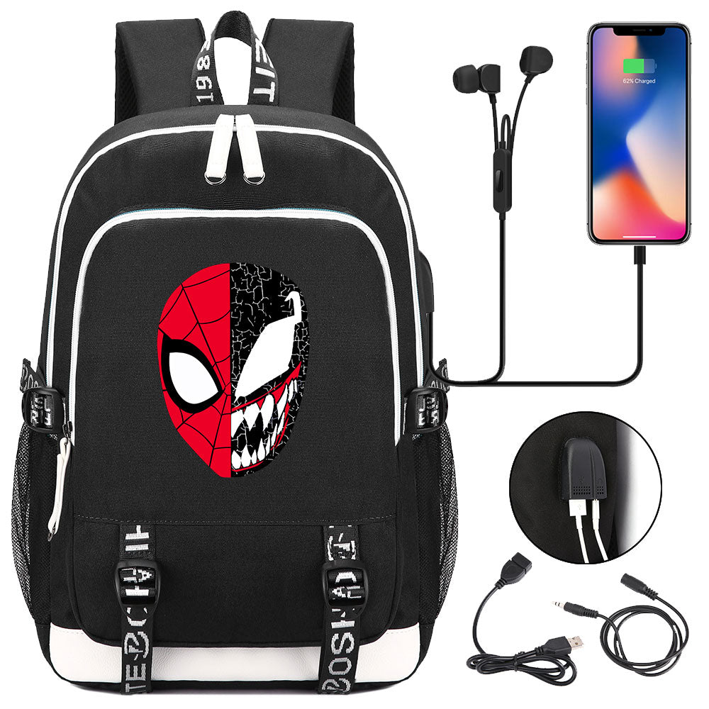 Mayoulove Spiderman Venom Superhero USB Charging Backpack School Note Book Laptop Travel Bags-Mayoulove