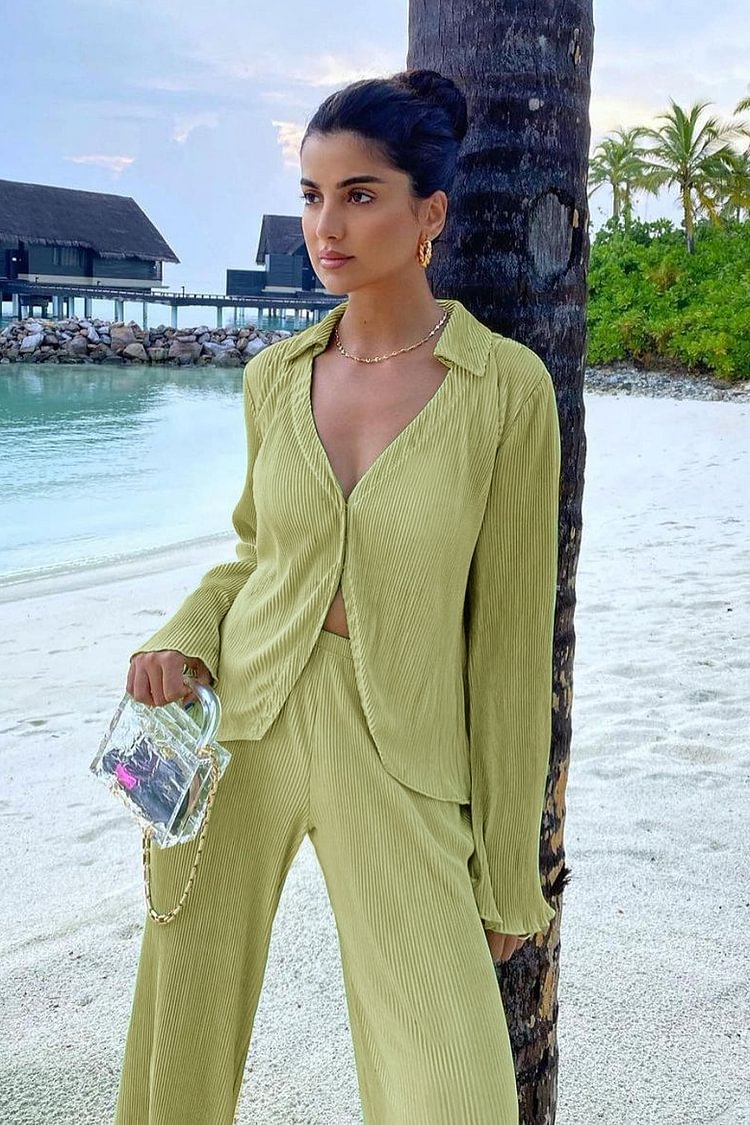 Plissé Long Sleeved Shirt Two Piece Pant Set