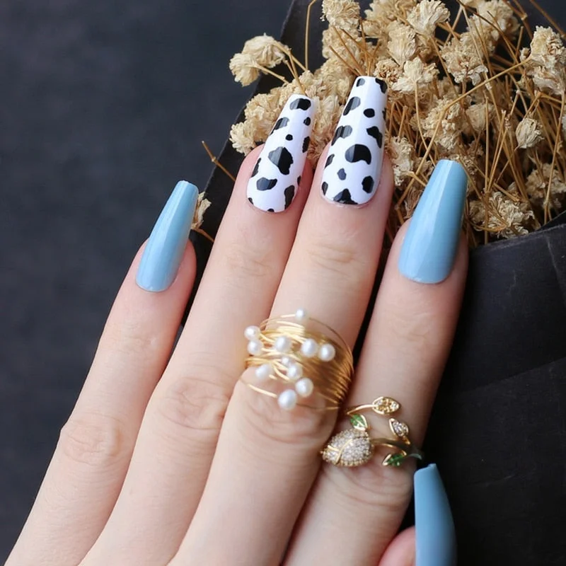 Black white mix and match cow print fake nails Medium coffin false nail UV design gel popular Black spots-Nail Inspo