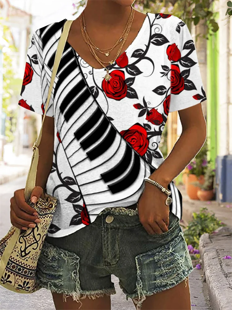 Red Roses And Piano Keys V Neck T Shirt