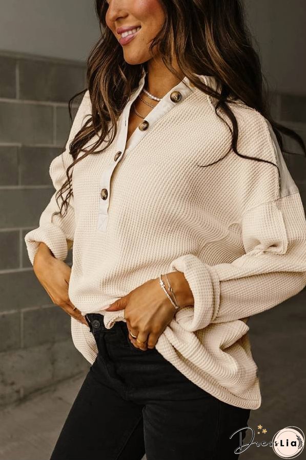 Smoke Green Waffle Patchwork Drop Sleeve Henley Top