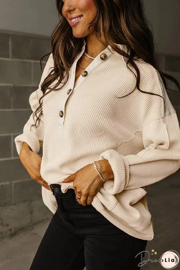 Smoke Green Waffle Patchwork Drop Sleeve Henley Top