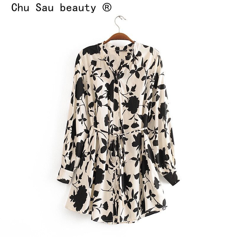 Chu Sau beauty New Fashion Boho  Vintage Black Floral Print Loose Blouses Women Holiday Stand Collar Sashes Ladies Blouse