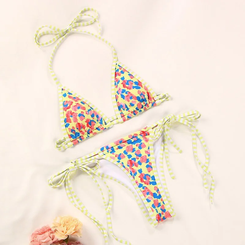 2022 Bandage Adjustable Swimsuit Women High Cut Thong Sexy Bikinis Swimwear Floral Print Halter Bikini Set Bathing Suits Biquini