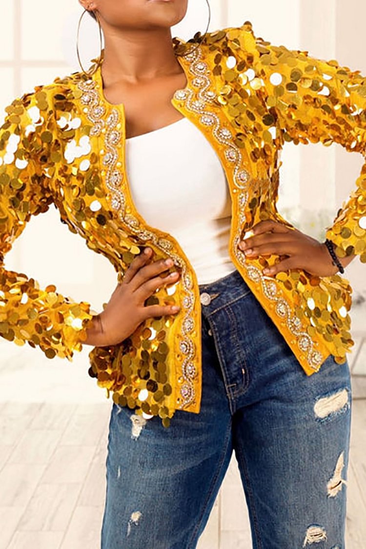 Plus Size Festival Gold Sparkly Iridescent Round Sequin Long Sleeve Split Jacket Outwear [Pre-Order]