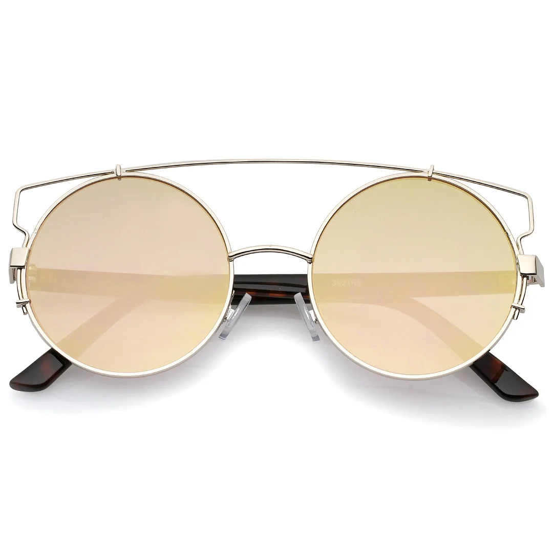 Midsize Metal Frame Horn Rimmed Crossbar Mirror Flat Lens Round glasses 53mm