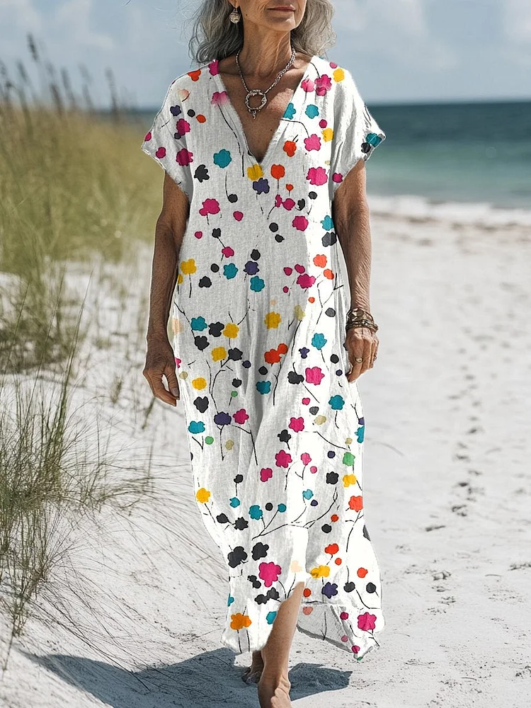 Women's Flowers Art Print Pocket Cotton Dress