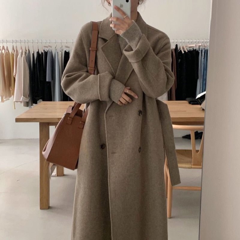 Aachoae Women Elegant Office Long Wool Coat With Belt Long Sleeve Double Breasted Coat Overcoat Female Chic Outerwear 2021