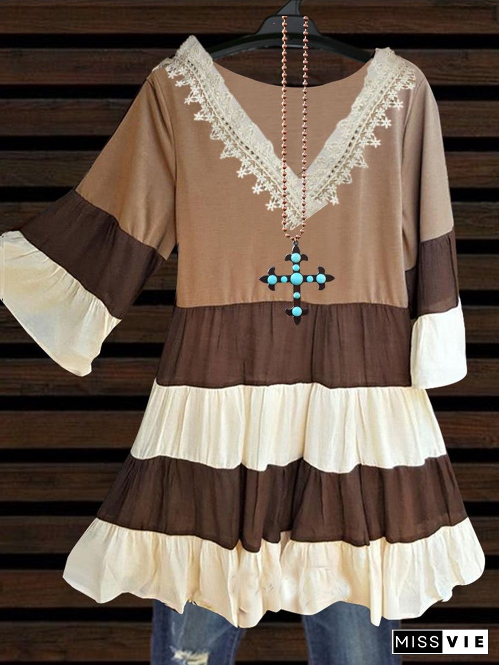 Women's Half Sleeve V-neck Colorblock Striped Top Dress