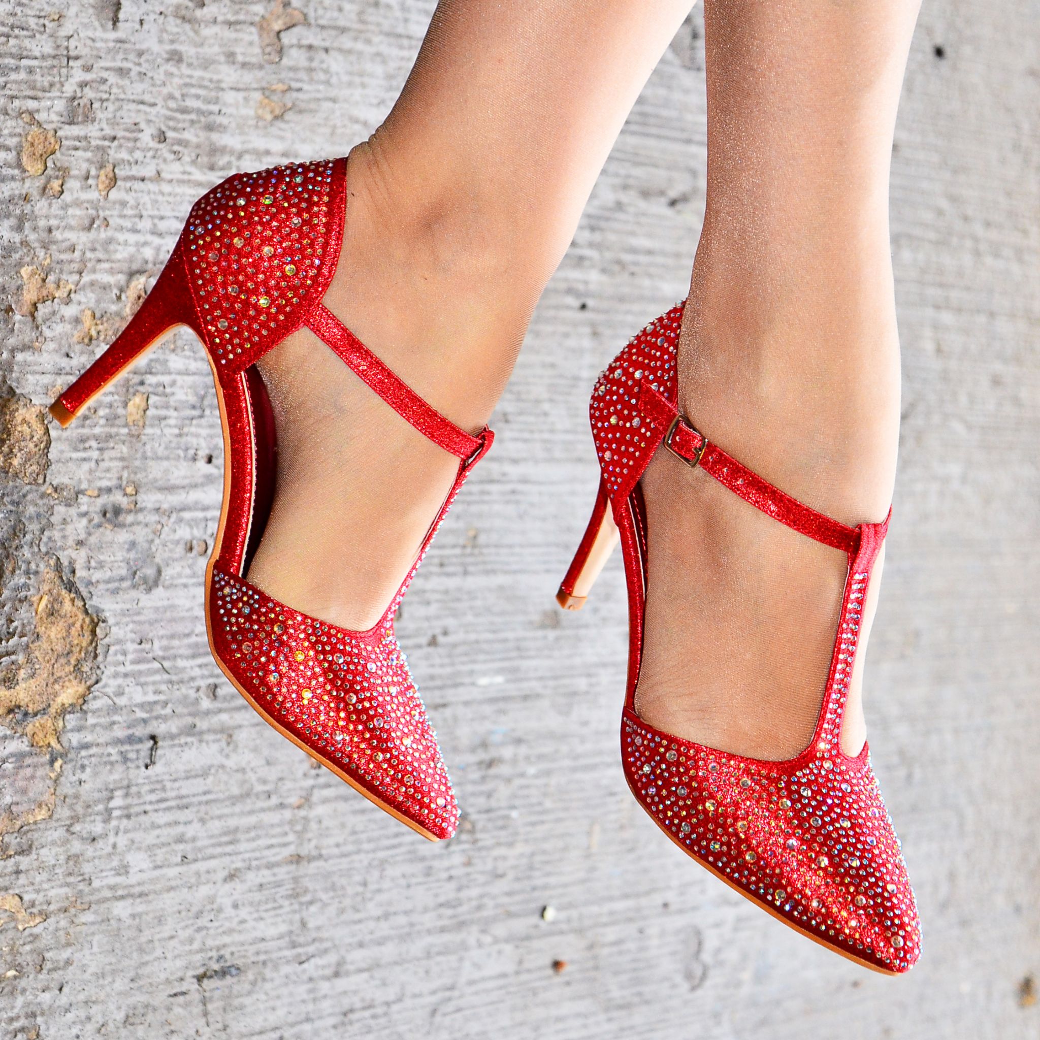 TAAFO Red Classic T Strap Heels Rhinestone Pointy Toe Stiletto Heel Pumps