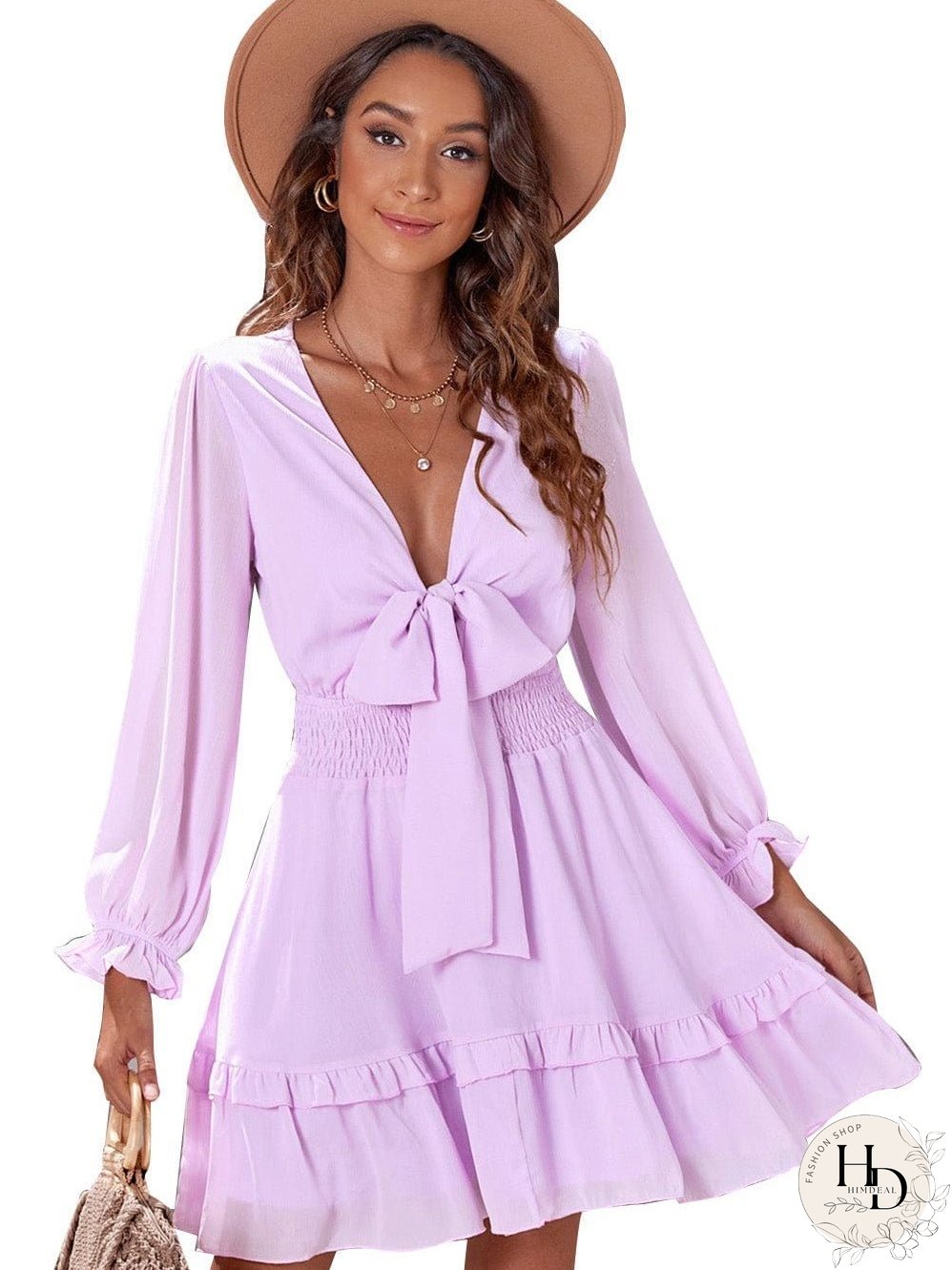 Lantern Sleeve Knotted Tiered Mini Dress with Deep V Neck