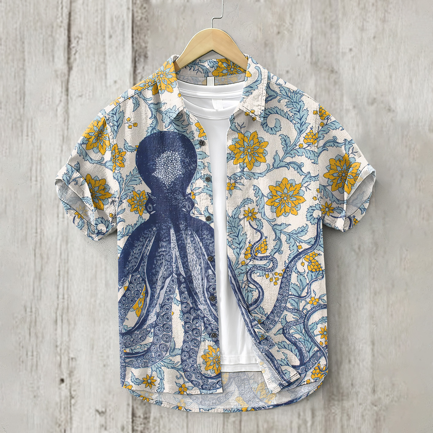 menweary Japanese Art Flower Octopus Print Lapel Short Sleeve Shirt