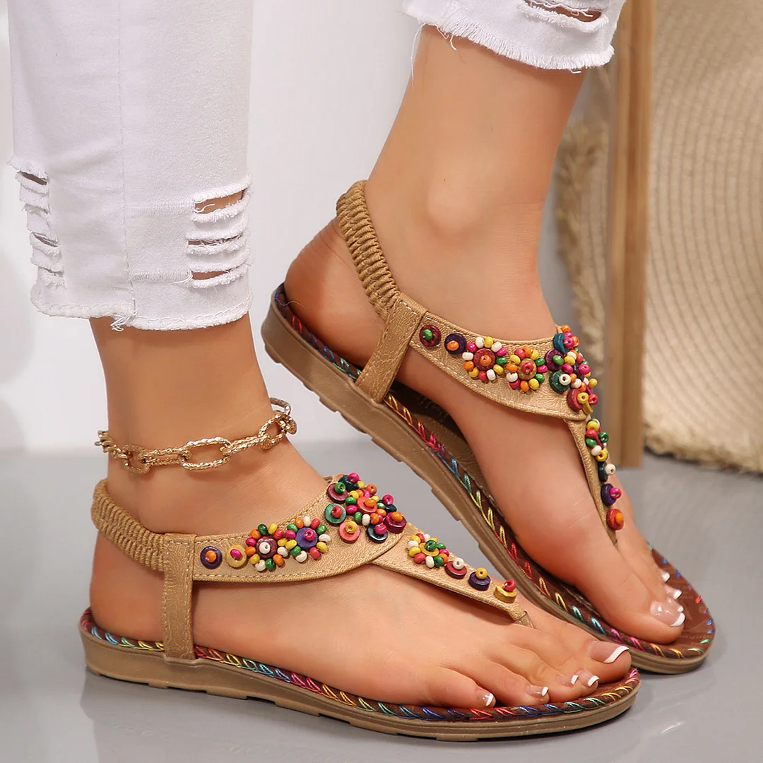 Yyvonne Women's Summer New Women's Shoes Summer Bohemian Flat-Soled Sandals Women's Beaded Beach Shoes