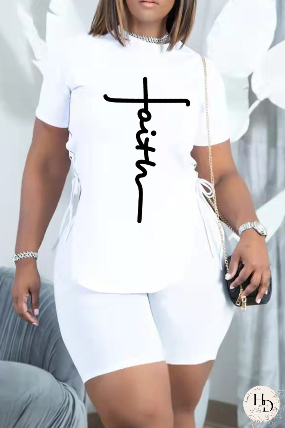 White Casual Print Draw String O Neck Short Sleeve Two Pieces