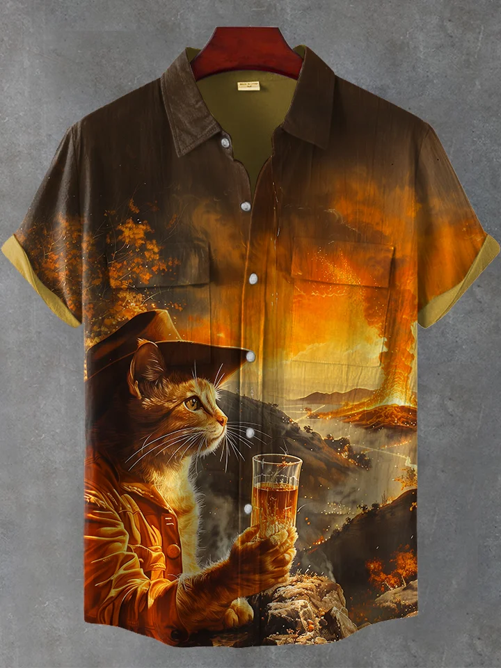 Men's Cozy Cowboy Cat Drinks Volcano Print Casual Shirt