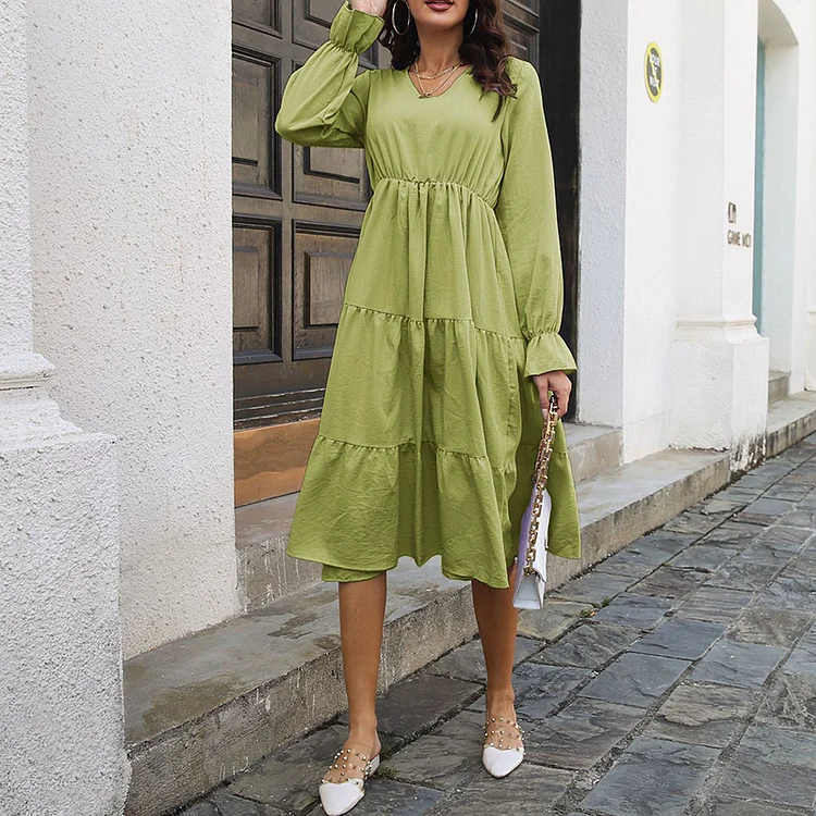 Elegant V-neck Flare Sleeve Casual High Waist Midi Dress