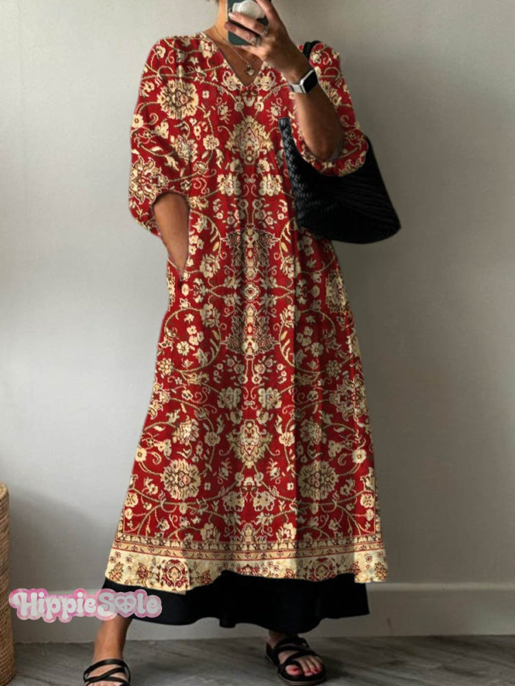 Women’s Vintage Lovely Floral Art Print Pocket V-Neck Cotton Dress Red / S