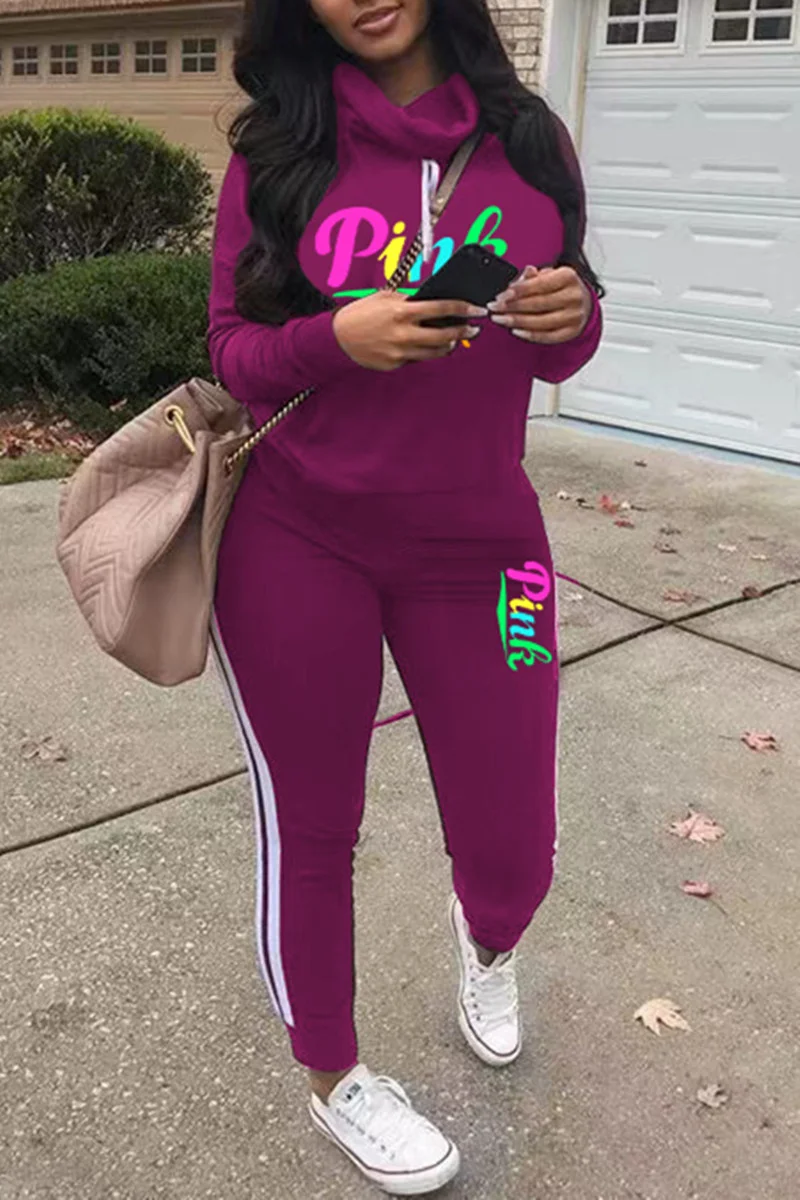Fuchsia Casual Letter Print Patchwork Turtleneck Long Sleeve Two Pieces