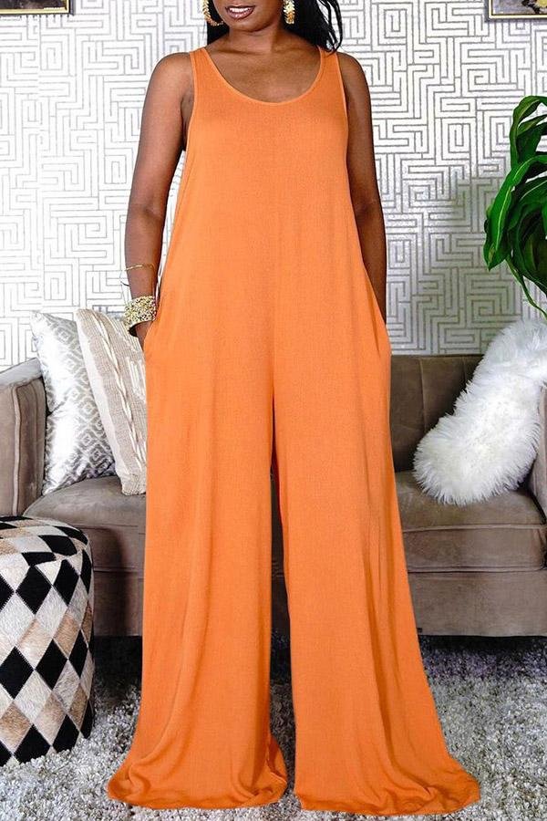 Casual Solid Color Sleeveless Wide-leg Rompers