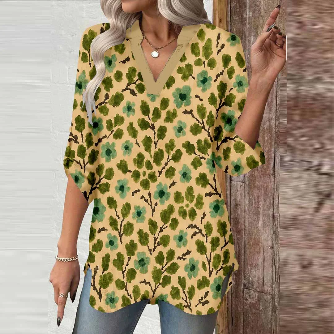 Women Floral, Khaki, Green DZGA0155 3/4 Sleeve V-neck Printed Graphic Button Tops