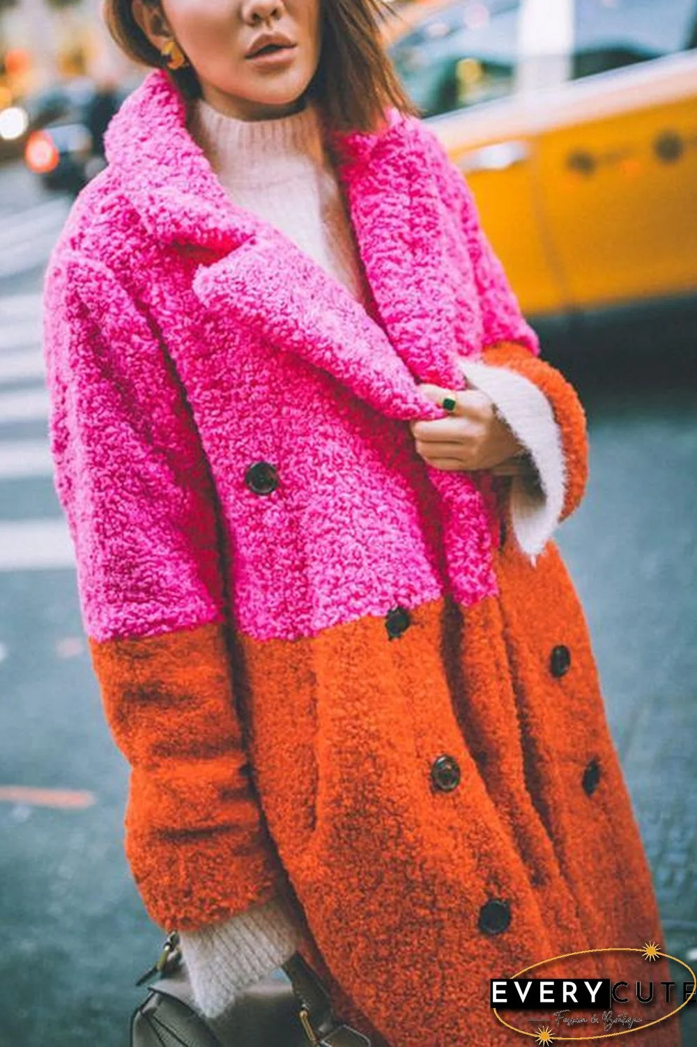 Plush Color Block Button Pocket Coat
