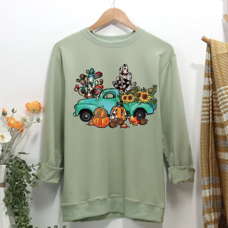 Pumpkin Cactus Fall Truck Women Casual Sweatshirt-Annaletters