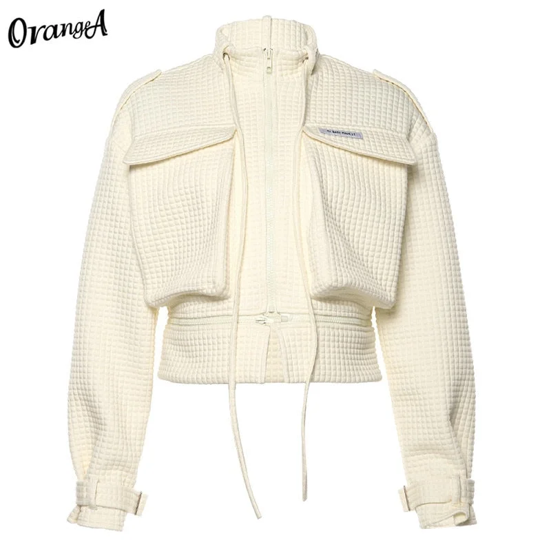 OrangeA Women Summer Winter Fashion Coat Casual Jackets Overcoat Zipper Jacket Warm Cropped Breasted Hip Hop Loose Solid Outwear