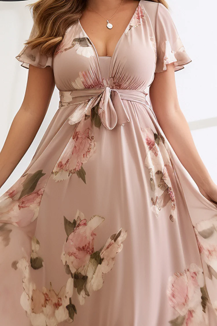 Flycurvy Plus Size Everyday Dusty Rose Chiffon Floral Print Flutter Sleeve Maxi Dress