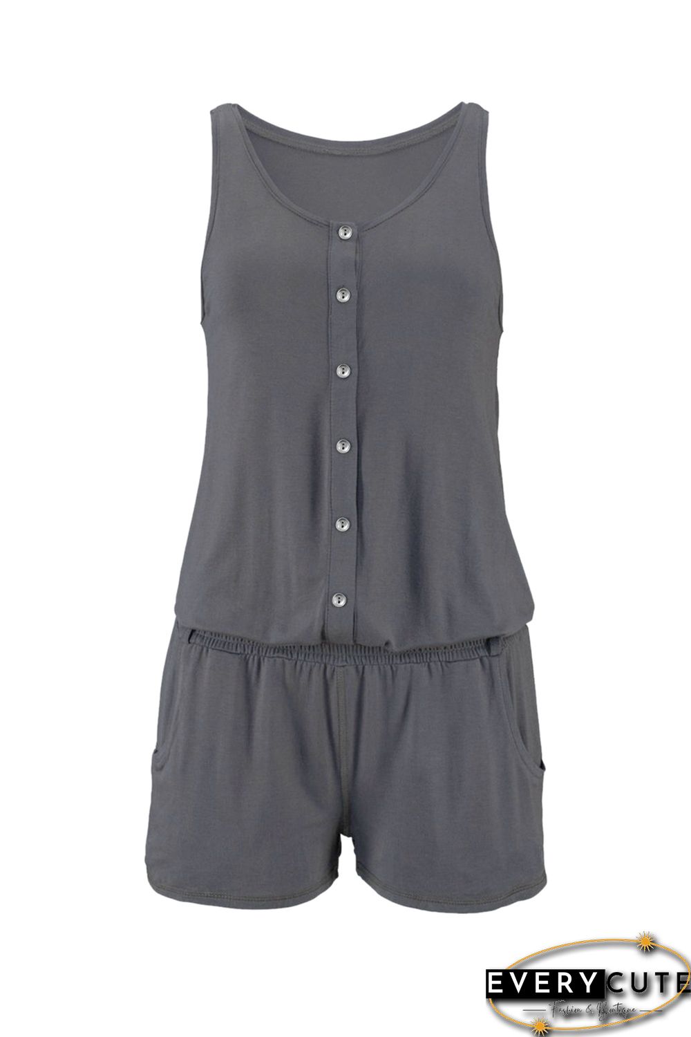 Solid Color Sleeveless Button Jumpsuit in Gray