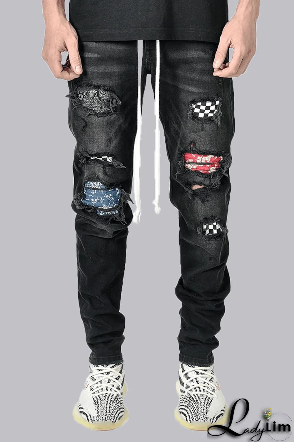 Black Fashion Street Patchwork Ripped Mid Waist Pencil Bottoms