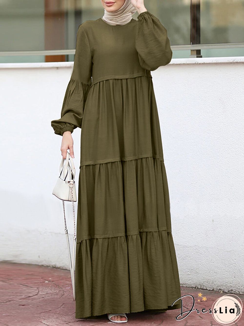 Muslim Solid Color Long Shirt Sundress Casual Pleated Maxi Dress