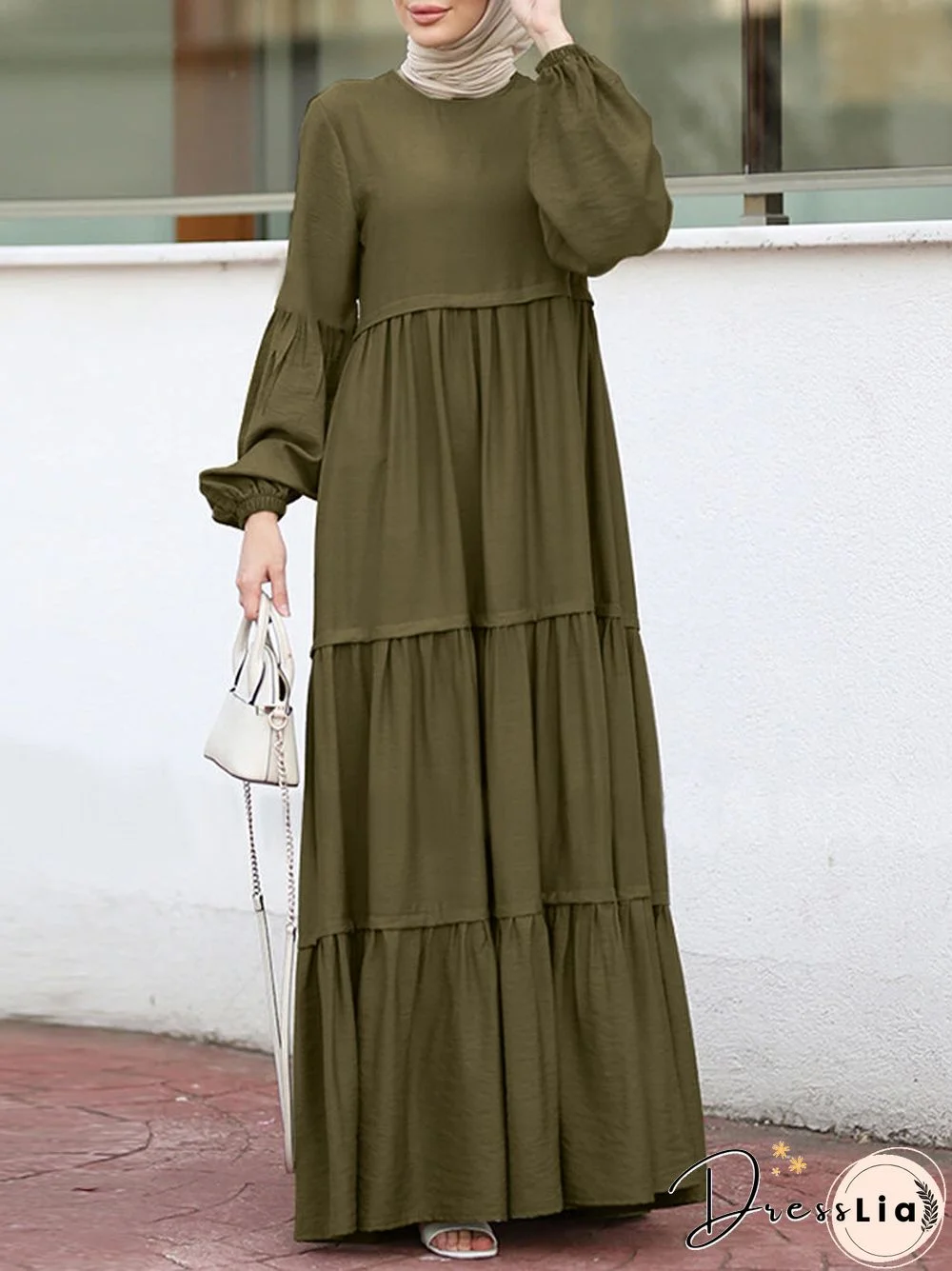 Muslim Solid Color Long Shirt Sundress Casual Pleated Maxi Dress
