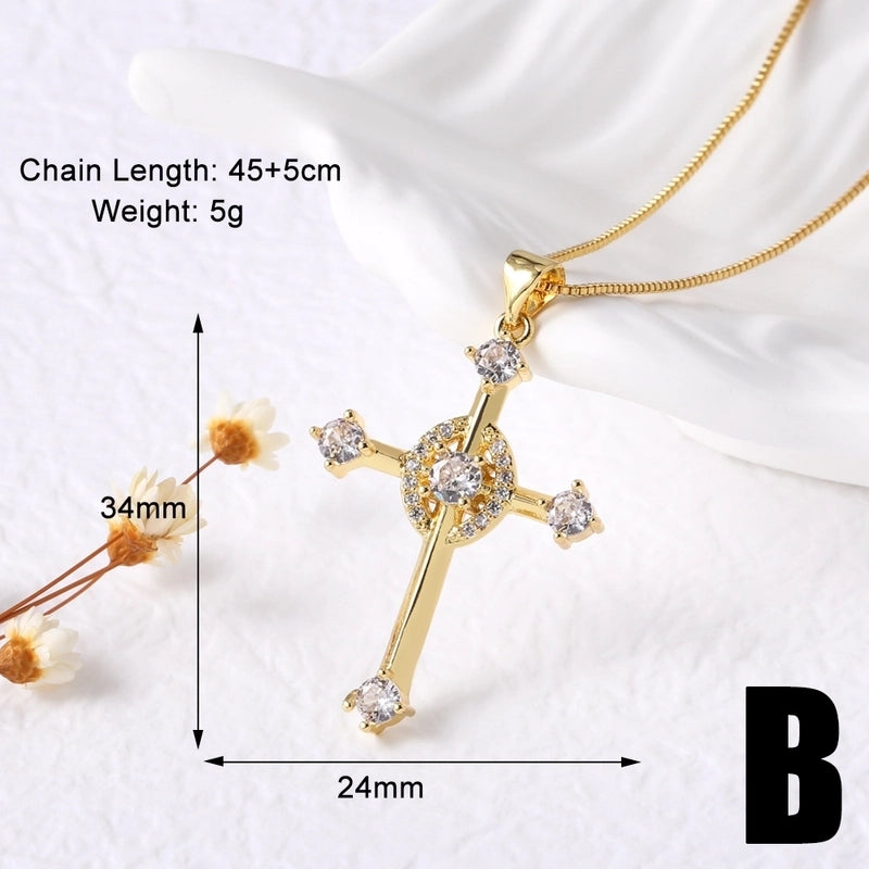 201 Stainless Steel Copper Cable Chain Box Chain 18K Gold Plated Inlay Cross Zircon Pendant Necklace