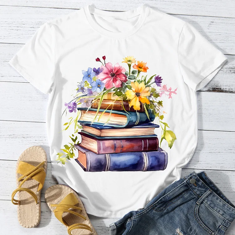 Books And Flower Woman's Casual Round Neck T-Shirt -BSTC1641