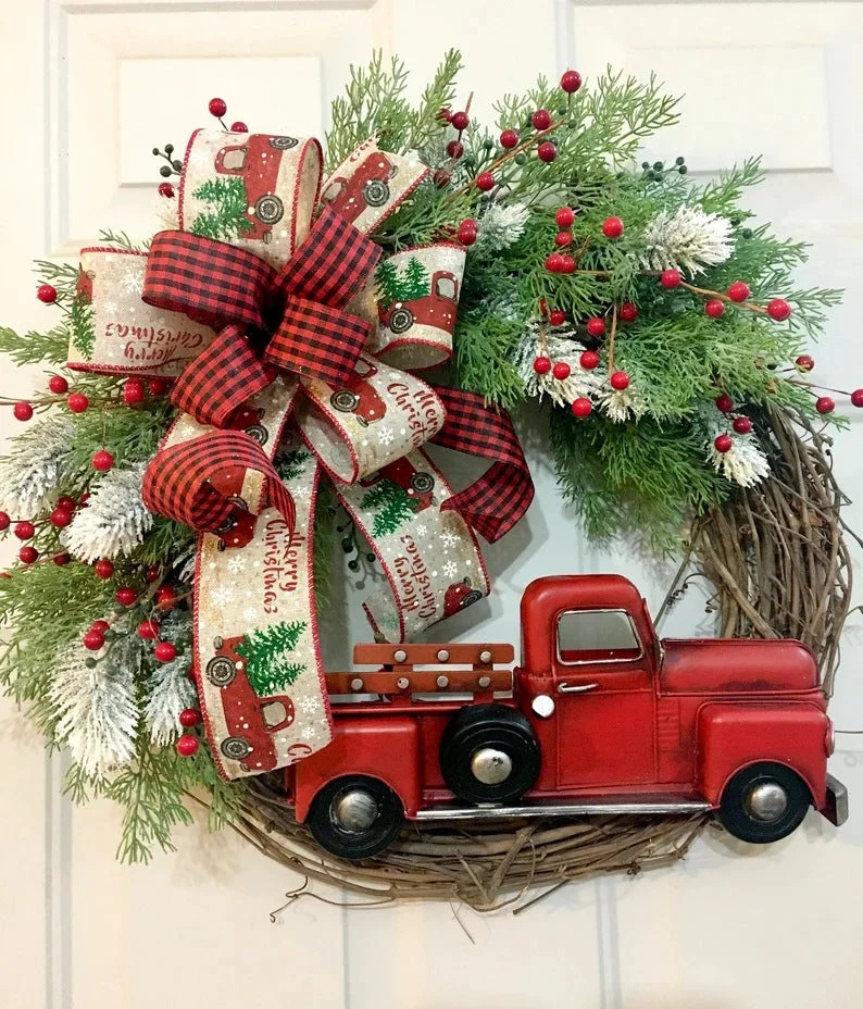 Red Farmhouse Truck Outdoor Christmas Wreath Winter Wreath