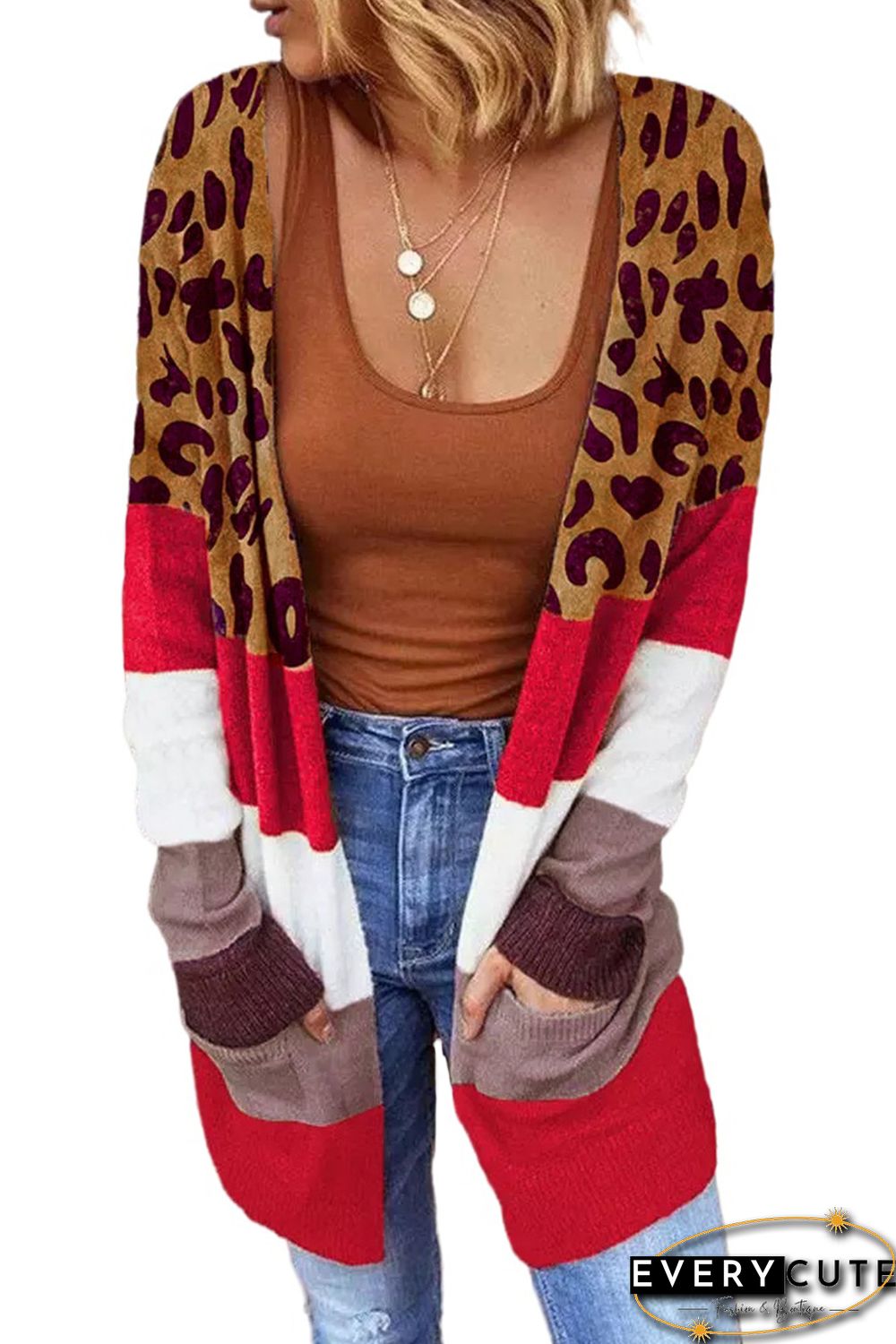 Leopard Color Block Pocketed Long Cardigan