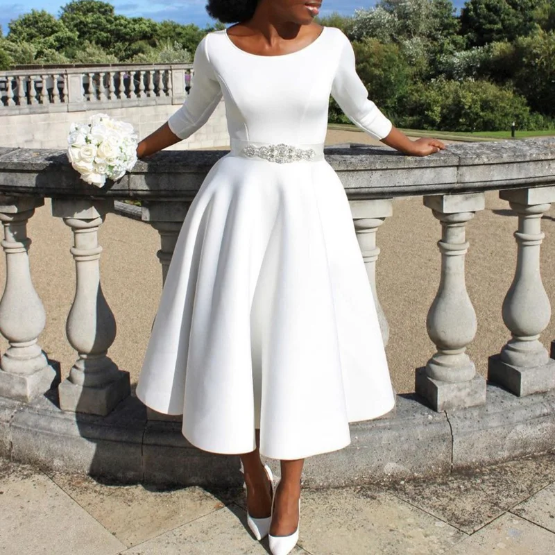 Elegant 3/4 Sleeve Evening Party Dress - White