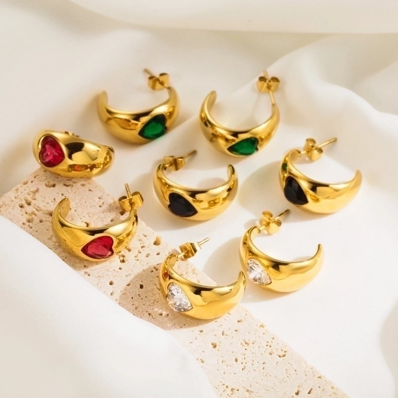 1 Pair Elegant Vintage Style C Shape Heart Shape Plating Inlay 304 Stainless Steel Zircon Ear Studs