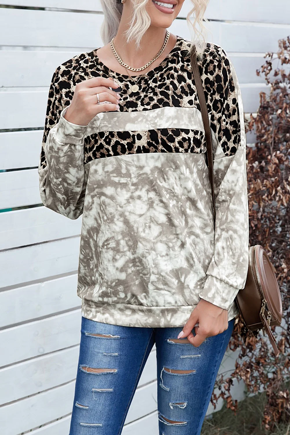 Round Neck Drop-Shoulder Sleeve Tie-Dye Leopard Splicing Sweatshirt | IFYHOME
