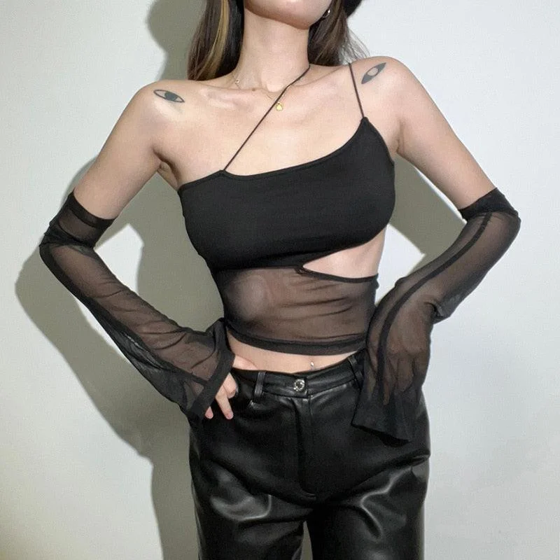 Brownm Sleeved Mesh Halter Top