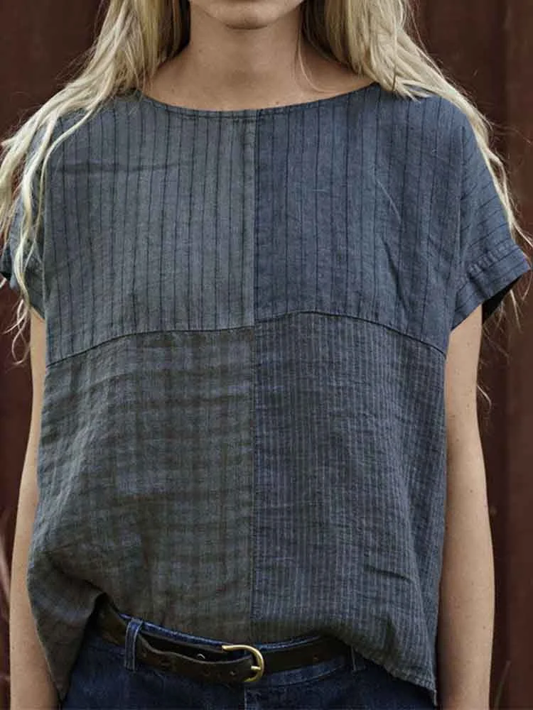 Damen-Hemd mit Rundhalsausschnitt und Streifen im Vintage-Stil aus Leinenmischung