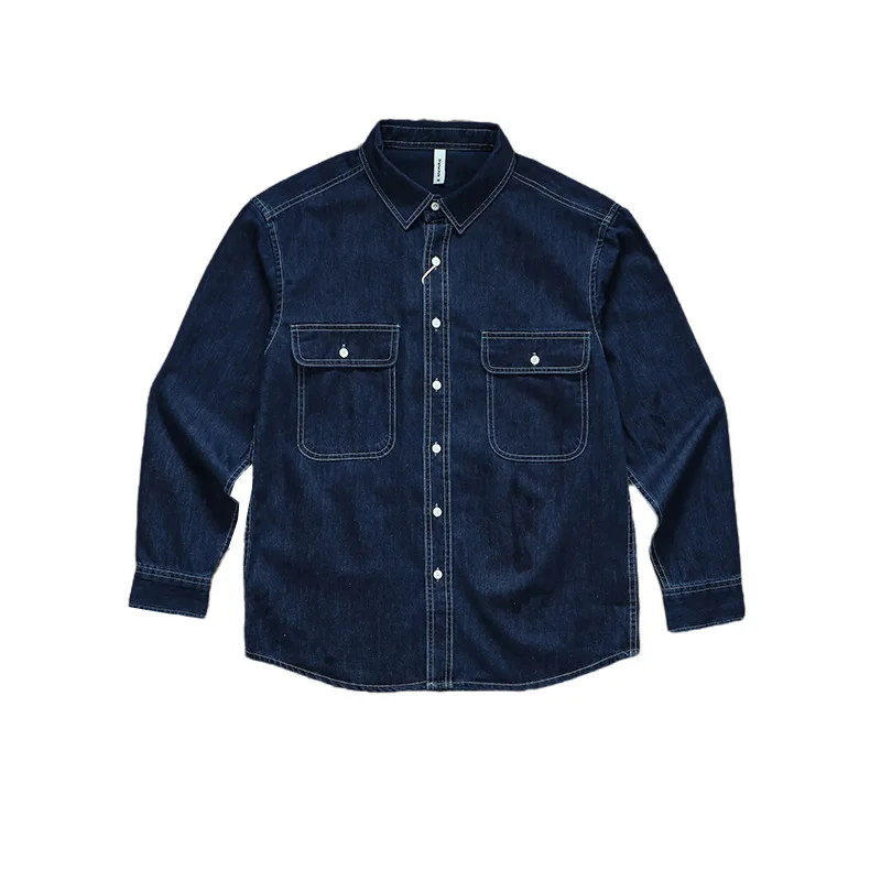 Men's Denim Long Sleeve Shirt Double Pocket Trucker Style Loose Shirt