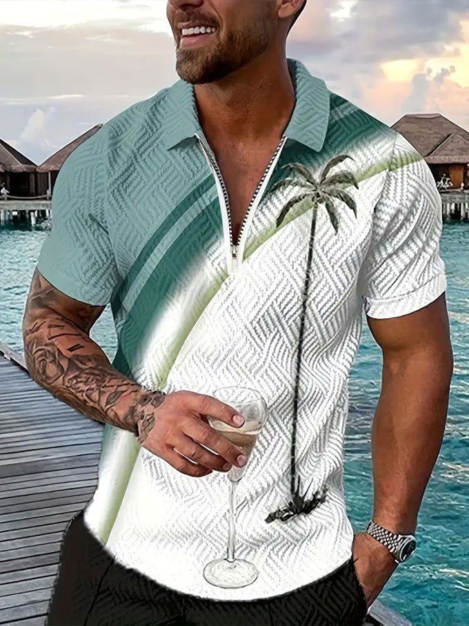 Men's Resort Style Palm Tree Print Zip Collar Polo Shirt