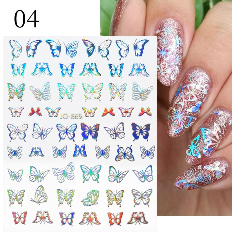 1 Sheet Laser Butterfly Gold Silver Black White 3D Nail Stickers Butterflies Heart Nail Decals Slider DIY Nail Art Decotaion