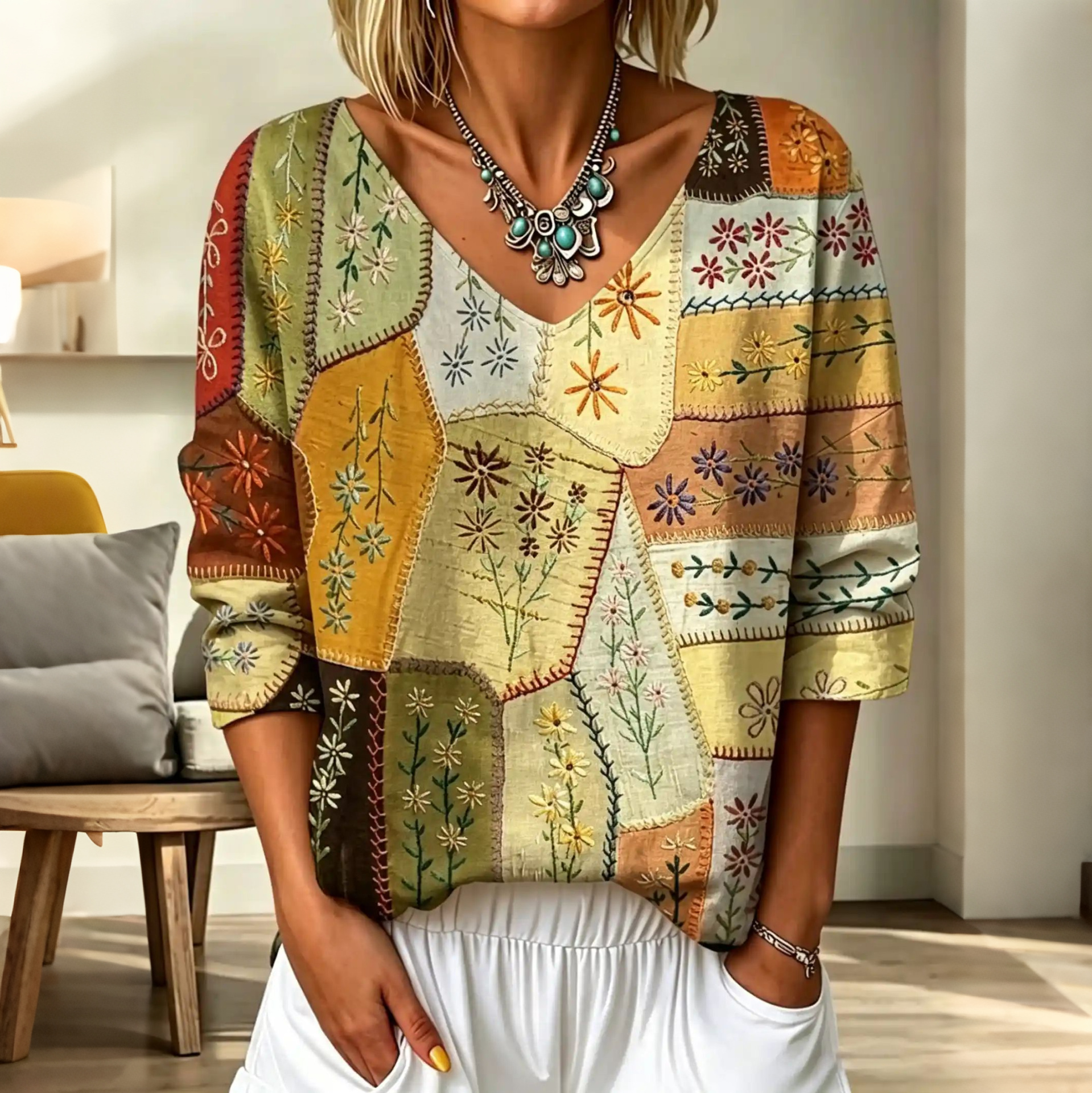Comstylish Women's Vintage Floral Patchwork Art Print Flowy Linen Blend Three-quarter Sleeve V Neck Linen Tops