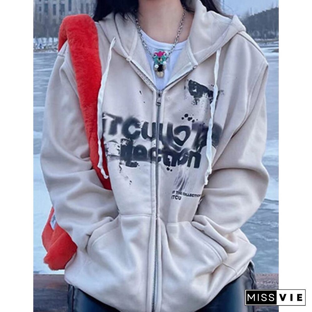 Coat Goth Aesthetic Clothes Women Zipper Long Sleeve Hooded Tops With Pockets Y2k E Girl Jacket Casual Streetwear